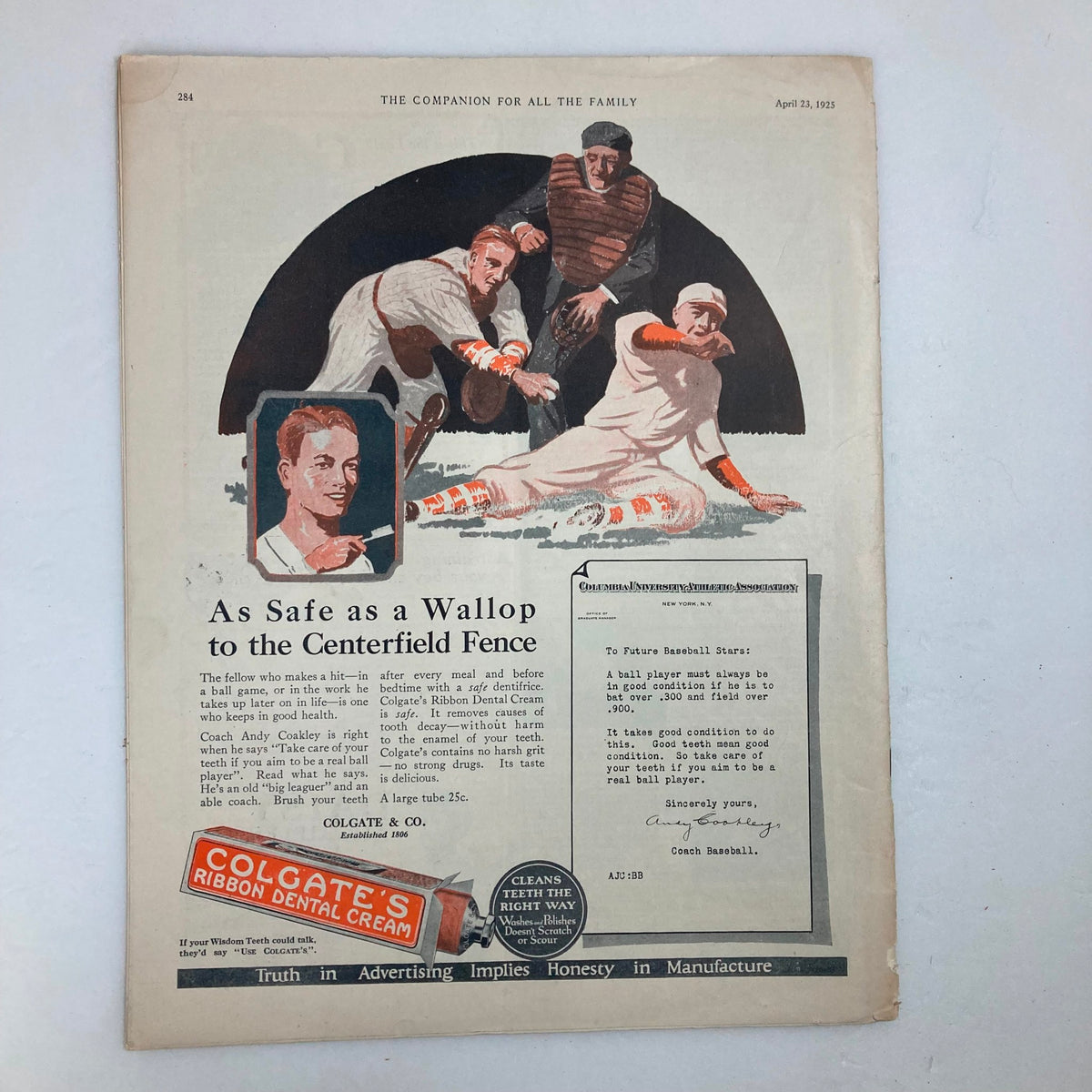 VTG The Youth's Companion Magazine April 23, 1925 showcasing an advertisement illustration for Colgate's Ribbon Dental Cream alongside a sports-themed graphic.