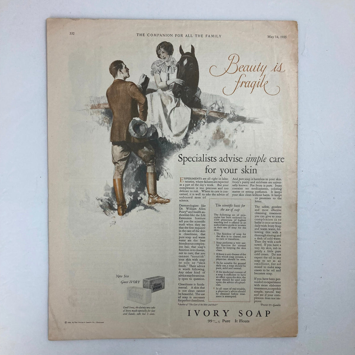 Interior page of VTG The Youth's Companion Magazine May 14 1925, showcasing an advertisement for Ivory Soap and emphasizing the theme 'Beauty is fragile'.