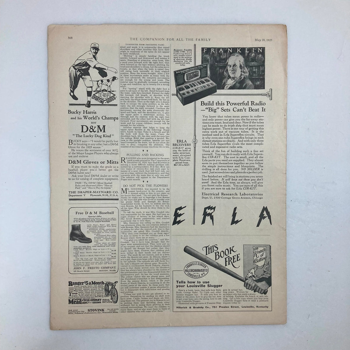 Inside page of VTG The Youth's Companion Magazine dated May 28, 1925, showcasing articles and advertisements relevant to the early 20th-century lifestyle.
