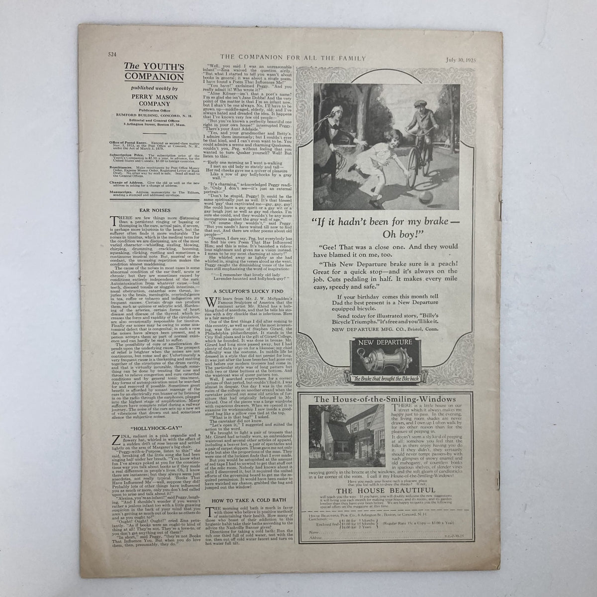 Interior page of VTG The Youth's Companion Magazine July 30 1925 displaying articles and illustrations in a layout typical of early 20th-century publications.