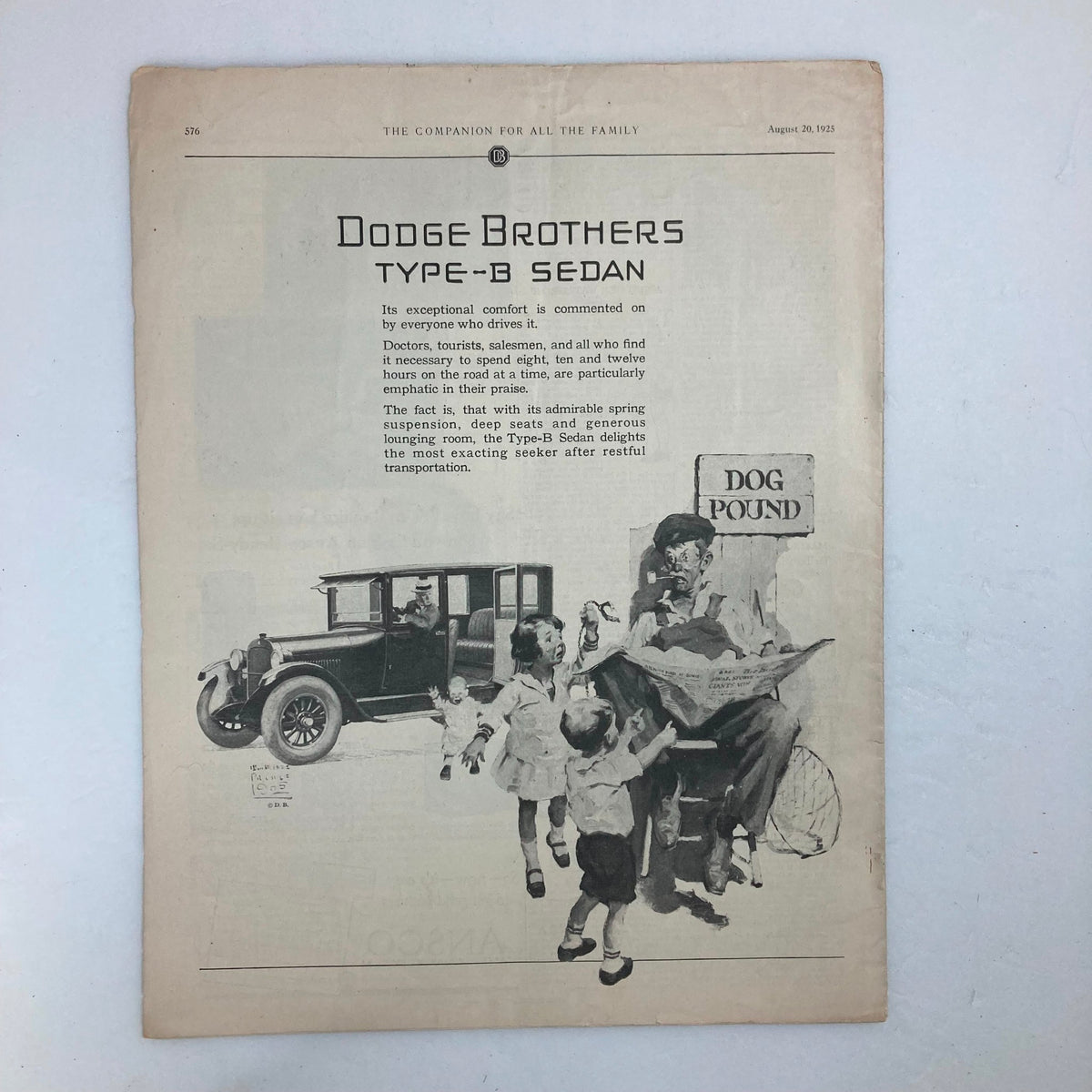 Back cover of VTG The Youth's Companion Magazine, August 20 1925, Volume 99, Issue 34, showcasing an advertisement for Dodge Brothers Type-B Sedan with children interacting near an automobile.