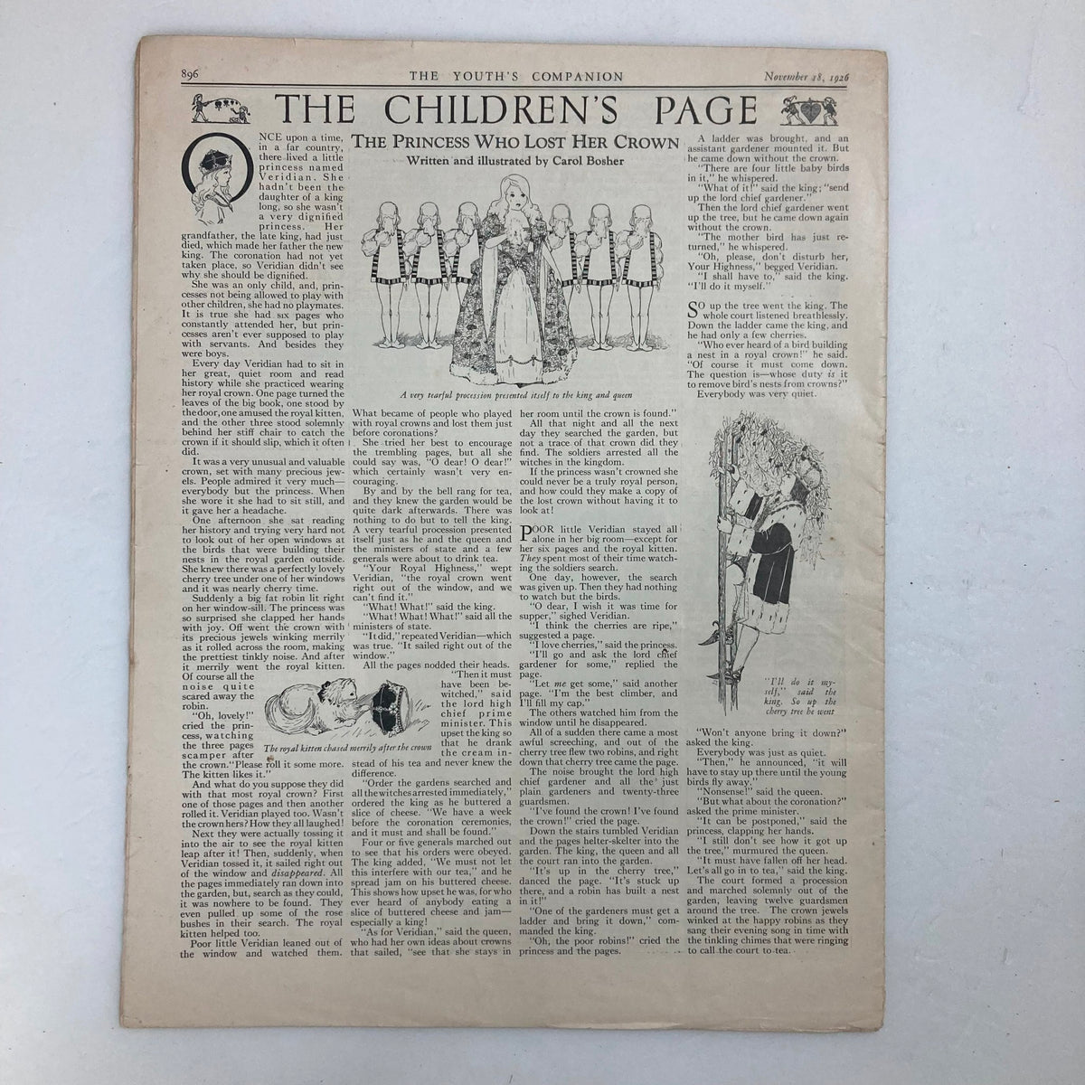 Children's page of the VTG The Youth's Companion Magazine from November 18, 1926, telling the story 'The Princess Who Lost Her Crown,' complete with illustrations, reflecting the publication's storytelling for young readers.