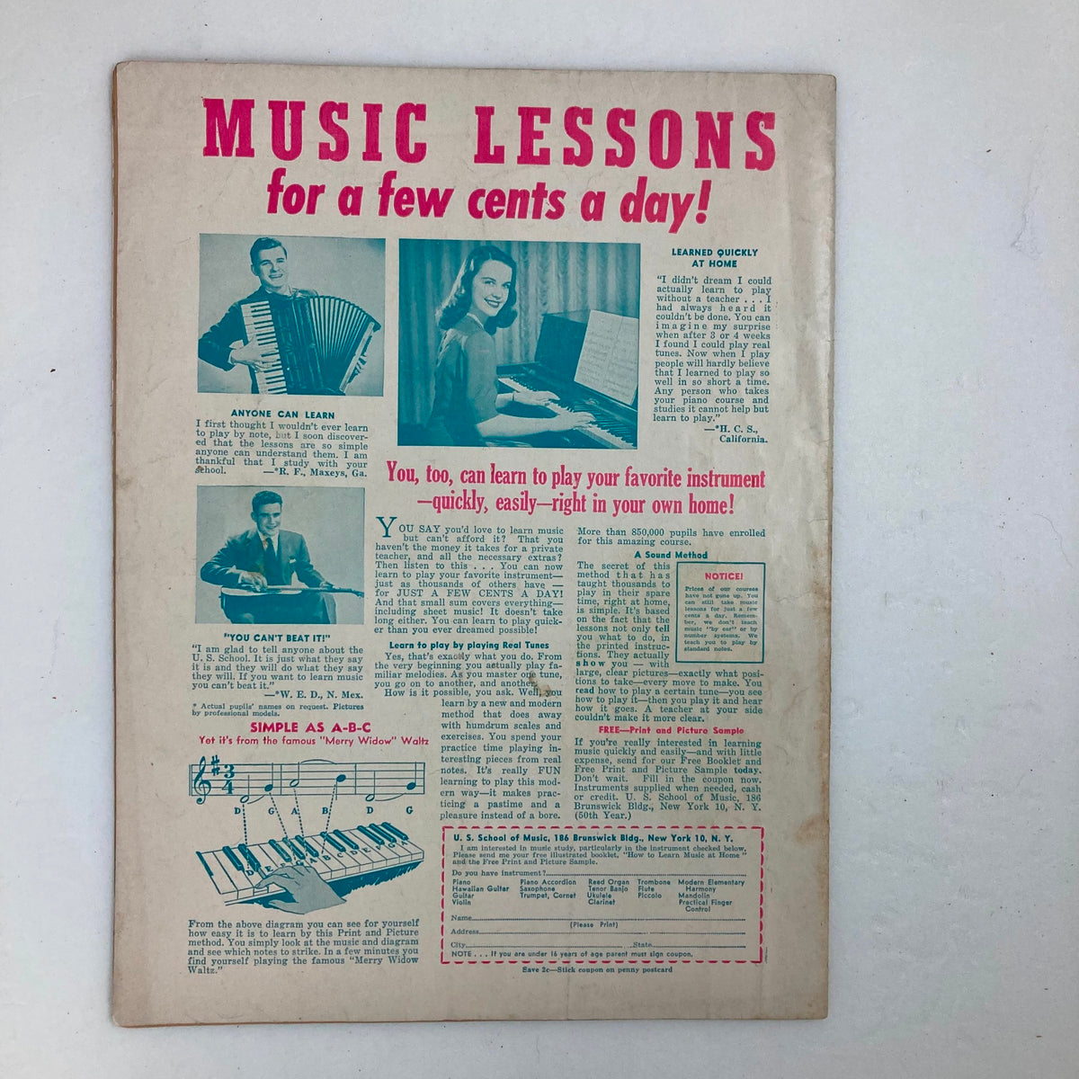 Back cover of VTG Hit Parader Magazine June 1948, advertising music lessons for various instruments.