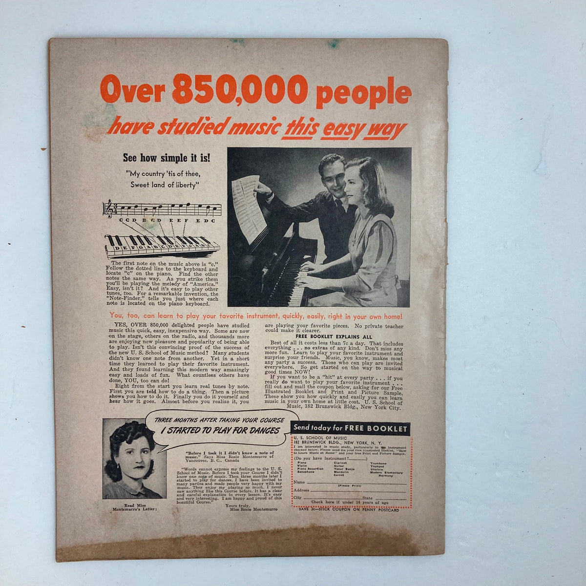Vintage advertisement from Hit Parader Magazine February 1947 featuring text about learning to play musical instruments, with an image of a man teaching a woman at a piano, showcasing educational opportunities in music.