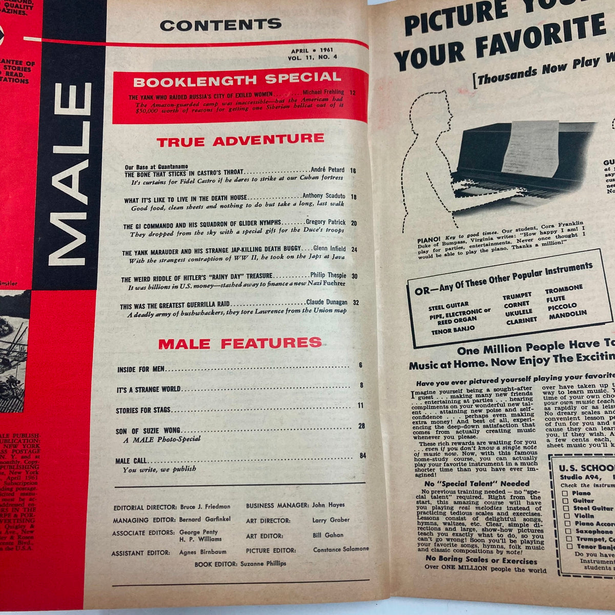 Inside page of VTG Male Magazine April 1961, Volume 11, Number 4 showcasing the table of contents including adventure stories and features from the era.