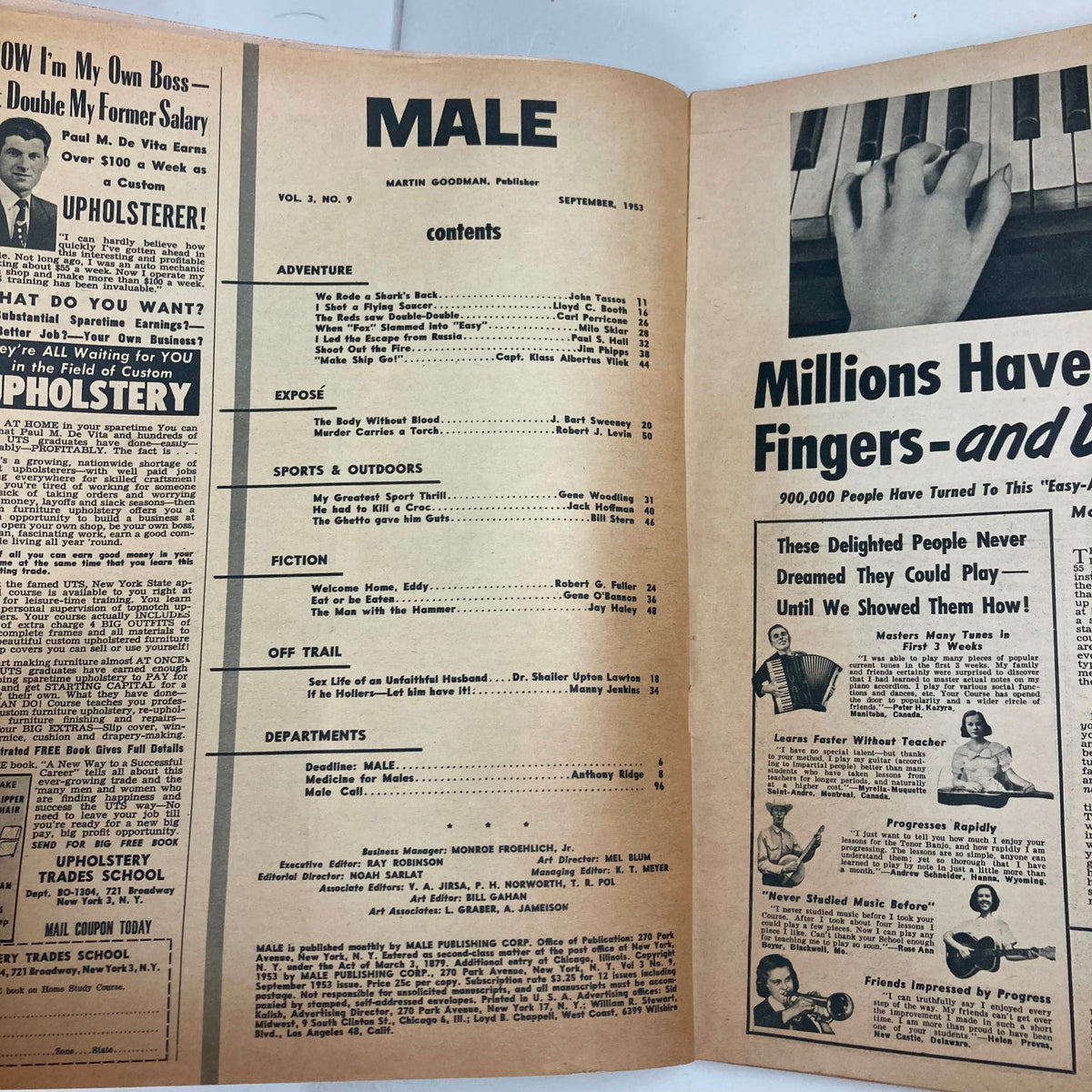 Inside contents page of VTG Male Magazine, September 1953, Vol 3 No. 9, featuring a list of articles including 'We Rode A Shark's Back' and various sections on adventure, expose, and fiction.