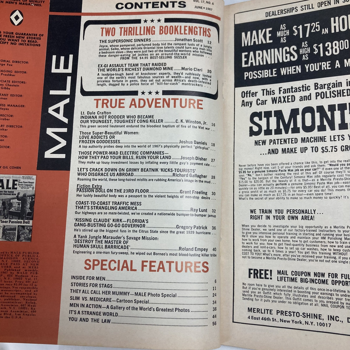 Interior page of VTG Male Magazine June 1967, Volume 17, No. 6, showcasing the contents including the feature 'The 23rd Floor Passion Doll' and articles on adventure and special features.