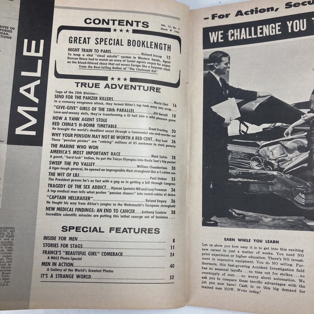 Contents page of VTG Male Magazine March 1965 Vol 15 No. 3 including titles such as "Send For The Panzer-Killers" and sections on adventure, features, and special topics.