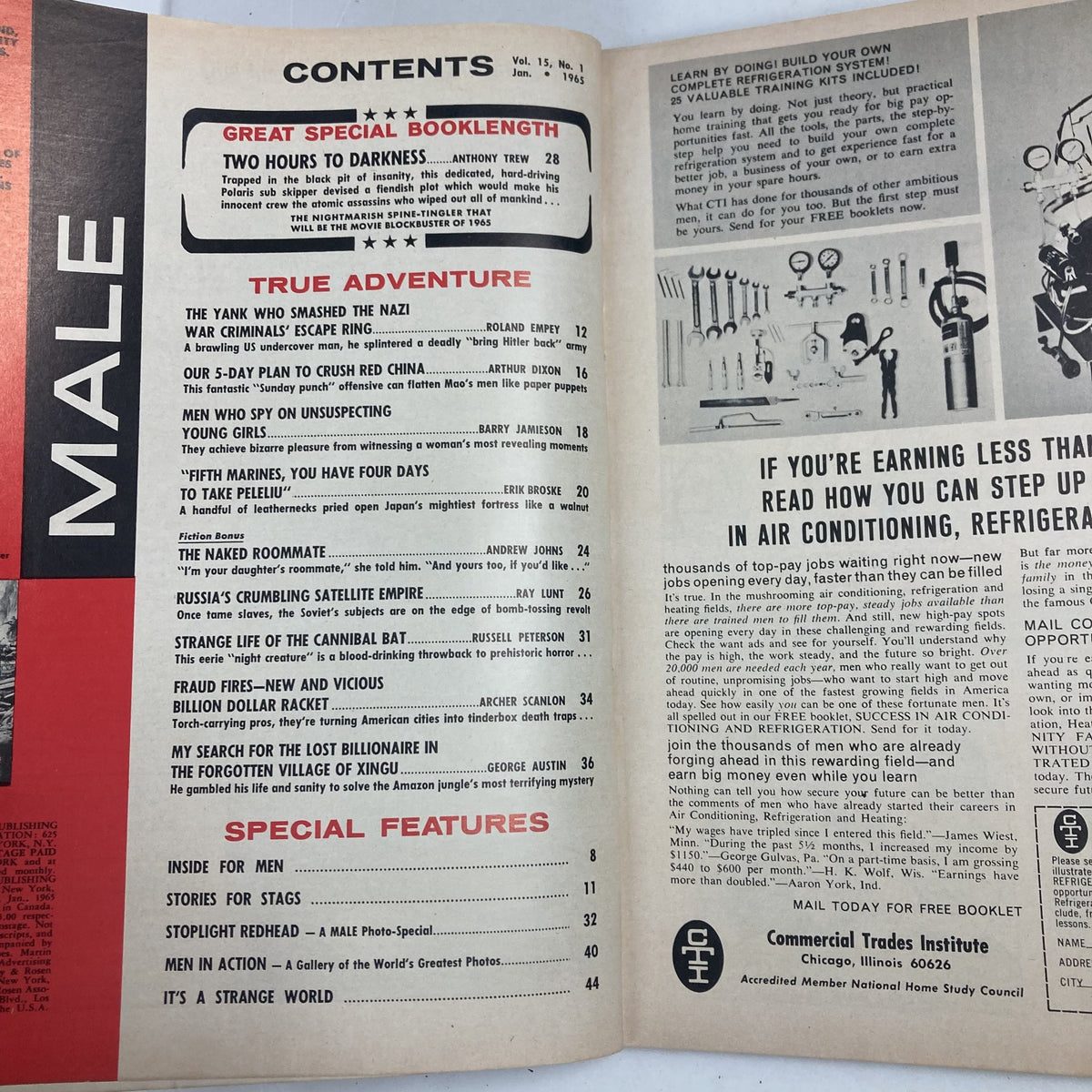 Contents page of VTG Male Magazine January 1965, detailing articles including 'The Yank Who Smashed the Nazi War Criminals' Escape Ring' and 'Two Hours to Darkness'.