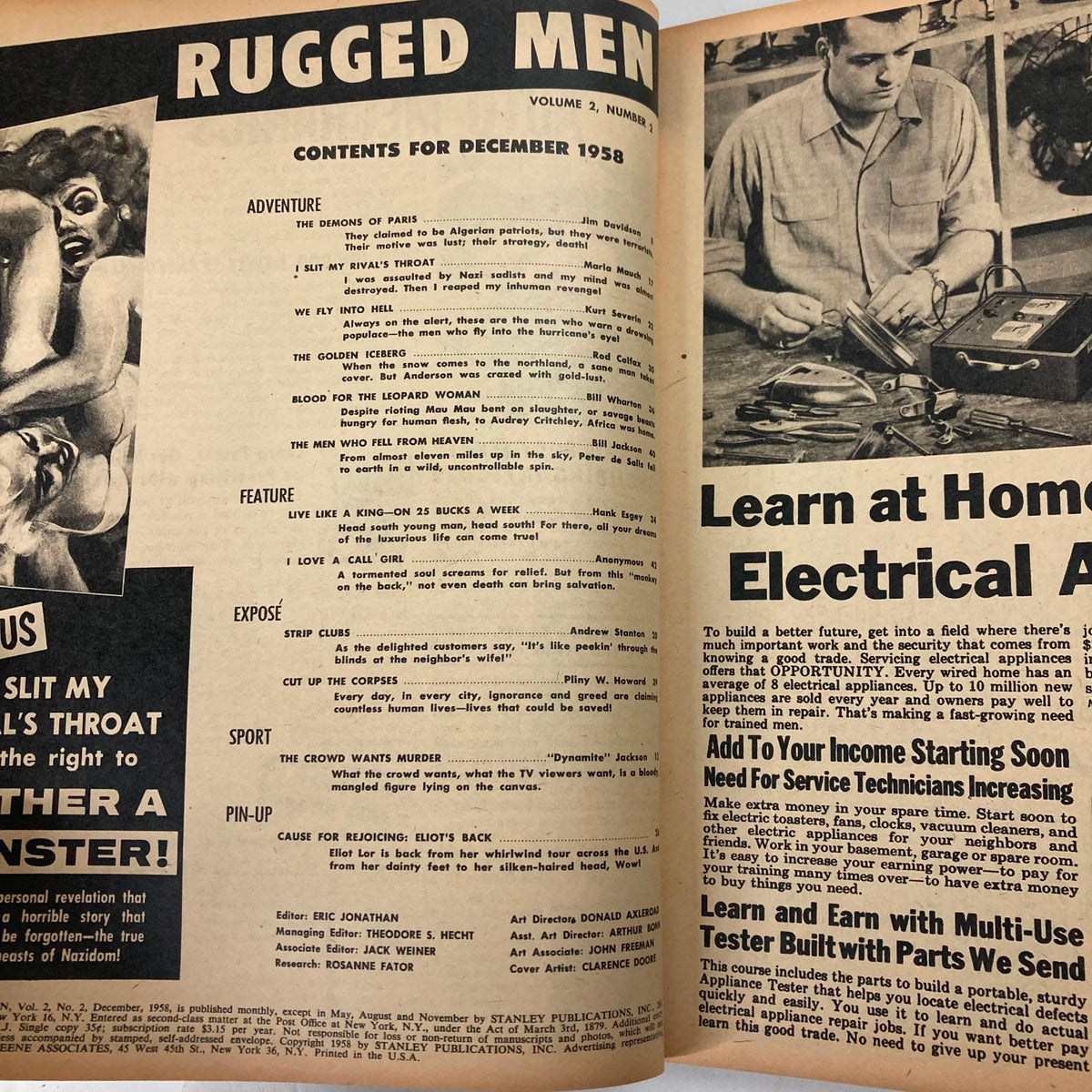 Contents page of VTG Rugged Men Magazine December 1958, Volume 2, Number 2 outlining various articles and features, including adventure and expose sections.