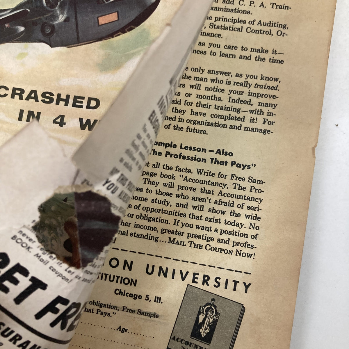 Detail of the inside cover of VTG For Men Magazine October 1955, showcasing a portion of an advertisement with text related to education and career opportunities.