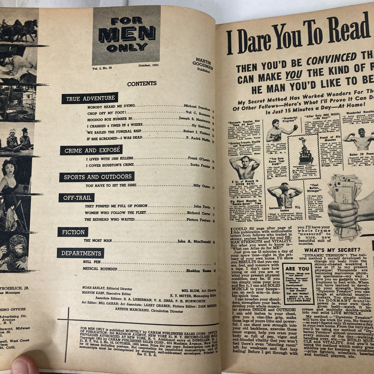 Inside page of VTG For Men Magazine October 1955, displaying the table of contents with articles and features related to adventure, crime, and fiction from the era.