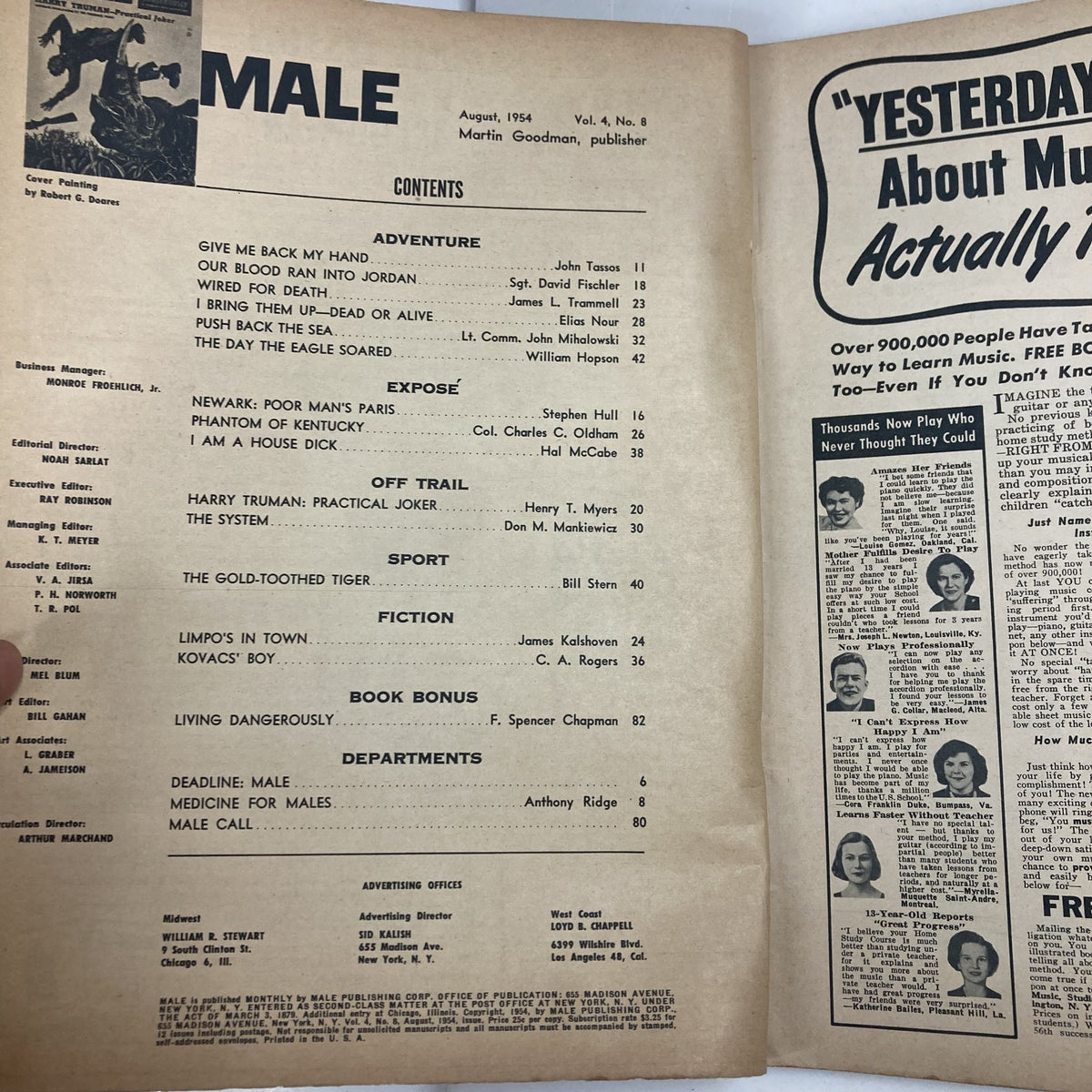 Inside page of VTG Male Magazine August 1954 Vol 4 No. 8 containing the table of contents, listing featured articles including 'Harry Truman: Practical Joker' and 'The Day The Eagle Soared'.