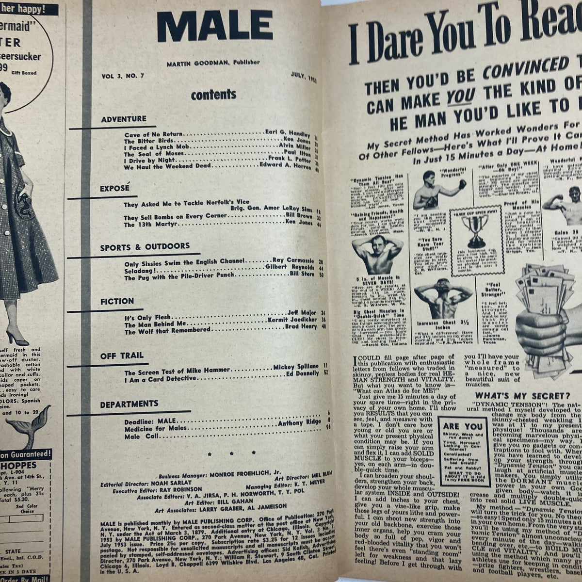 Interior pages of VTG Male Magazine July 1953, showcasing contents including 'Off Trail' by Mickey Spillane, with articles and advertisements that reflect the cultural landscape of the 1950s.