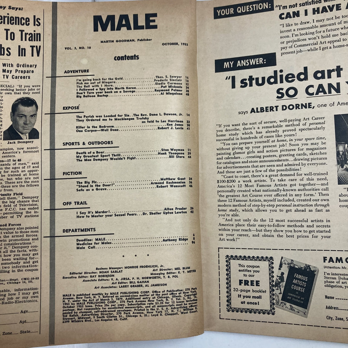 Contents page of VTG Male Magazine October 1953 Vol 3 No. 10 featuring articles and illustrations, including the notable piece 'One Corpse - Well Done'.