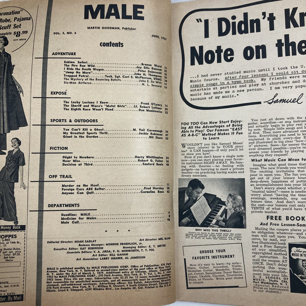 Contents page of VTG Male Magazine June 1953 Vol 3 No. 6 displaying various sections including Adventure, Exposé, Sports, and Fiction.