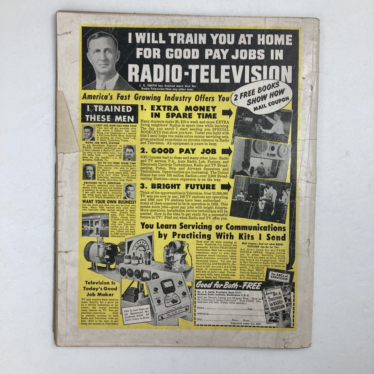 Back cover of VTG Male Magazine June 1953 Vol 3 No. 6 advertising training for good pay jobs in radio-television with instructional kit details.