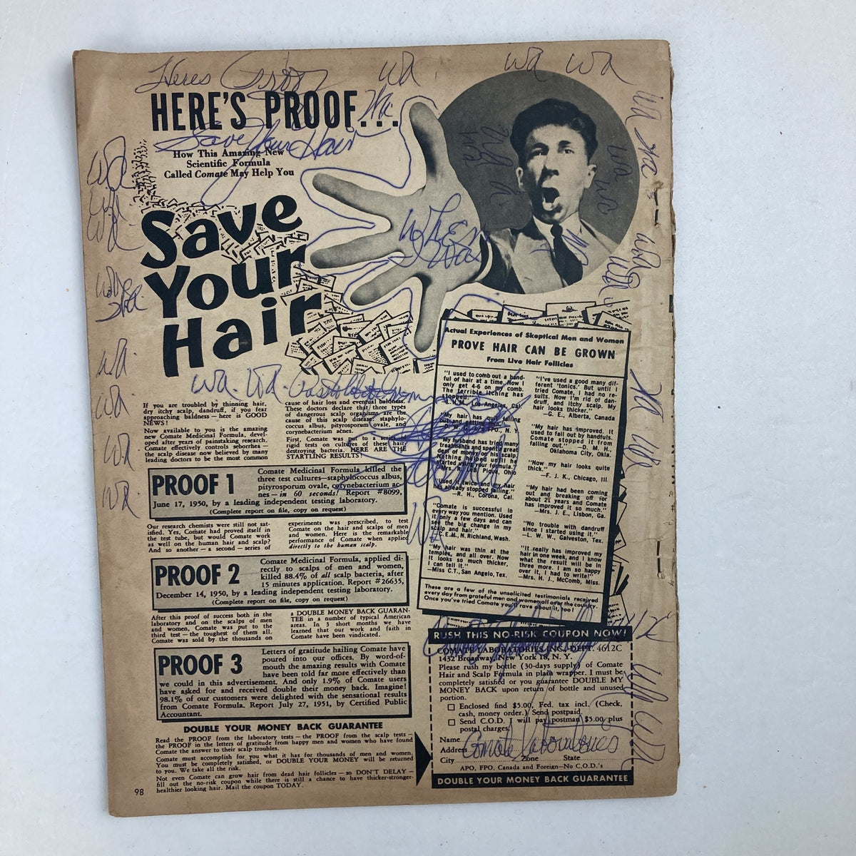 Page from VTG Male Magazine December 1952, Vol 2 No. 11, titled 'Save Your Hair,' showcasing advertisements and proof testimonials for hair restoration products.