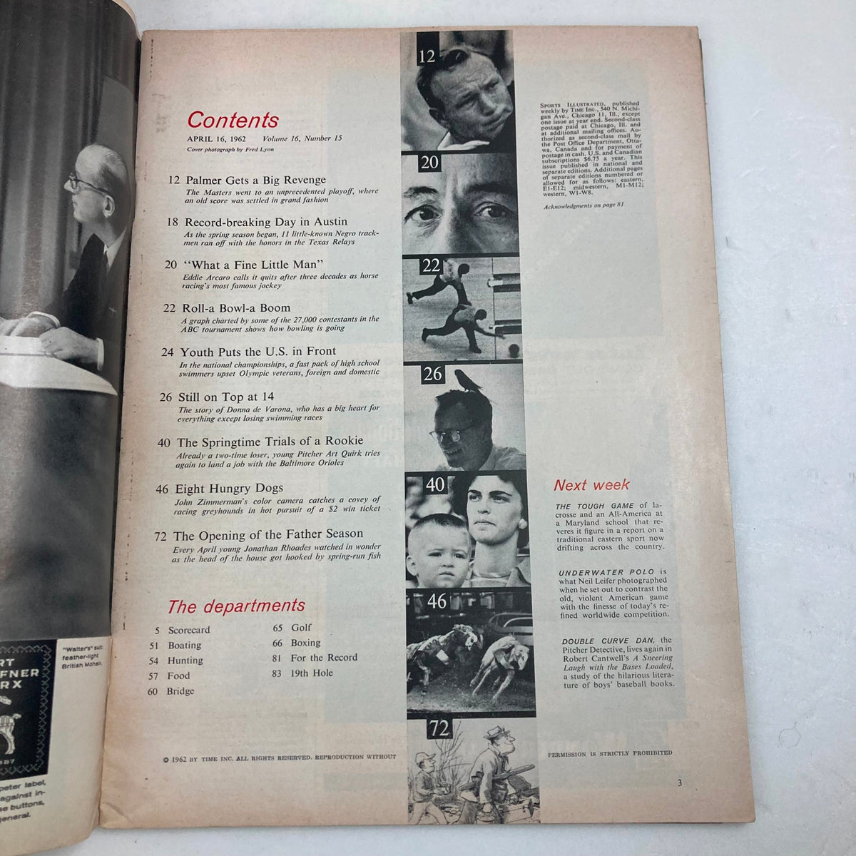 Contents page of the April 16, 1962 Sports Illustrated magazine, highlighting various articles and features, including sports events and profiles from that era.