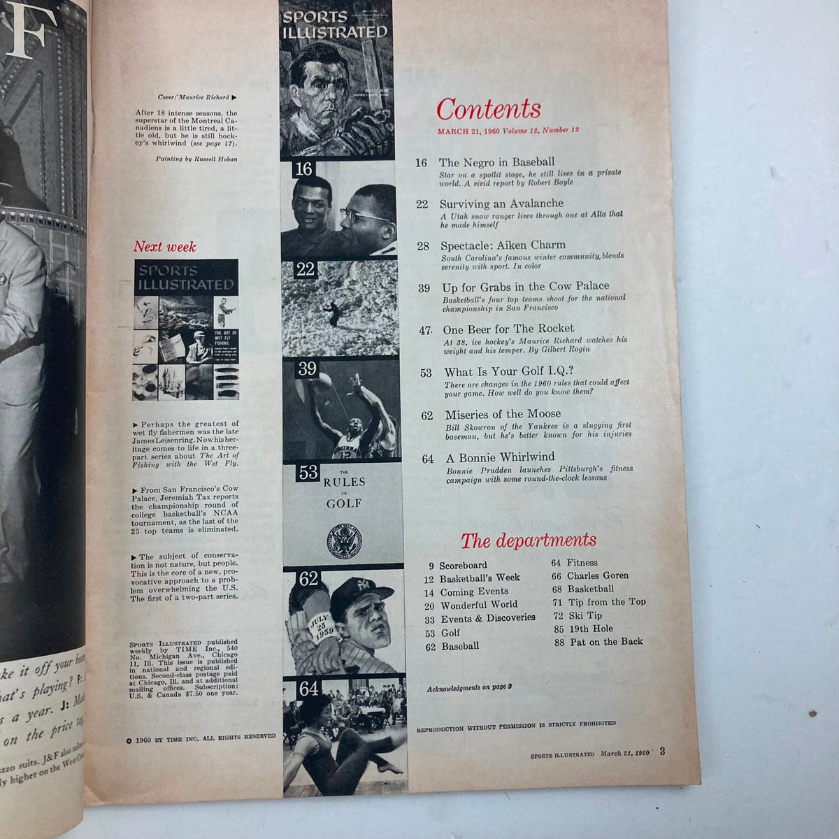 Inside view of the Sports Illustrated magazine from March 21, 1960, featuring the table of contents and an article reference to Maurice Richard, highlighting sports articles and features of the issue.