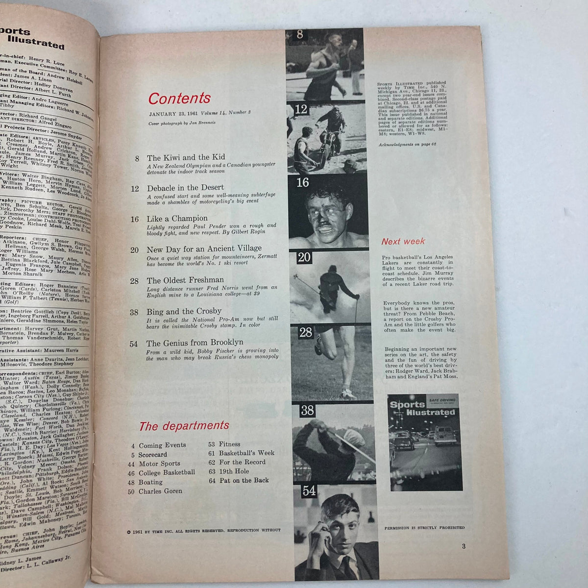 Contents page of the Sports Illustrated Magazine from January 23, 1961, Volume 14, Number 3, detailing various articles and features including 'The Kiwi and the Kid' and 'Bing and the Crosby'.