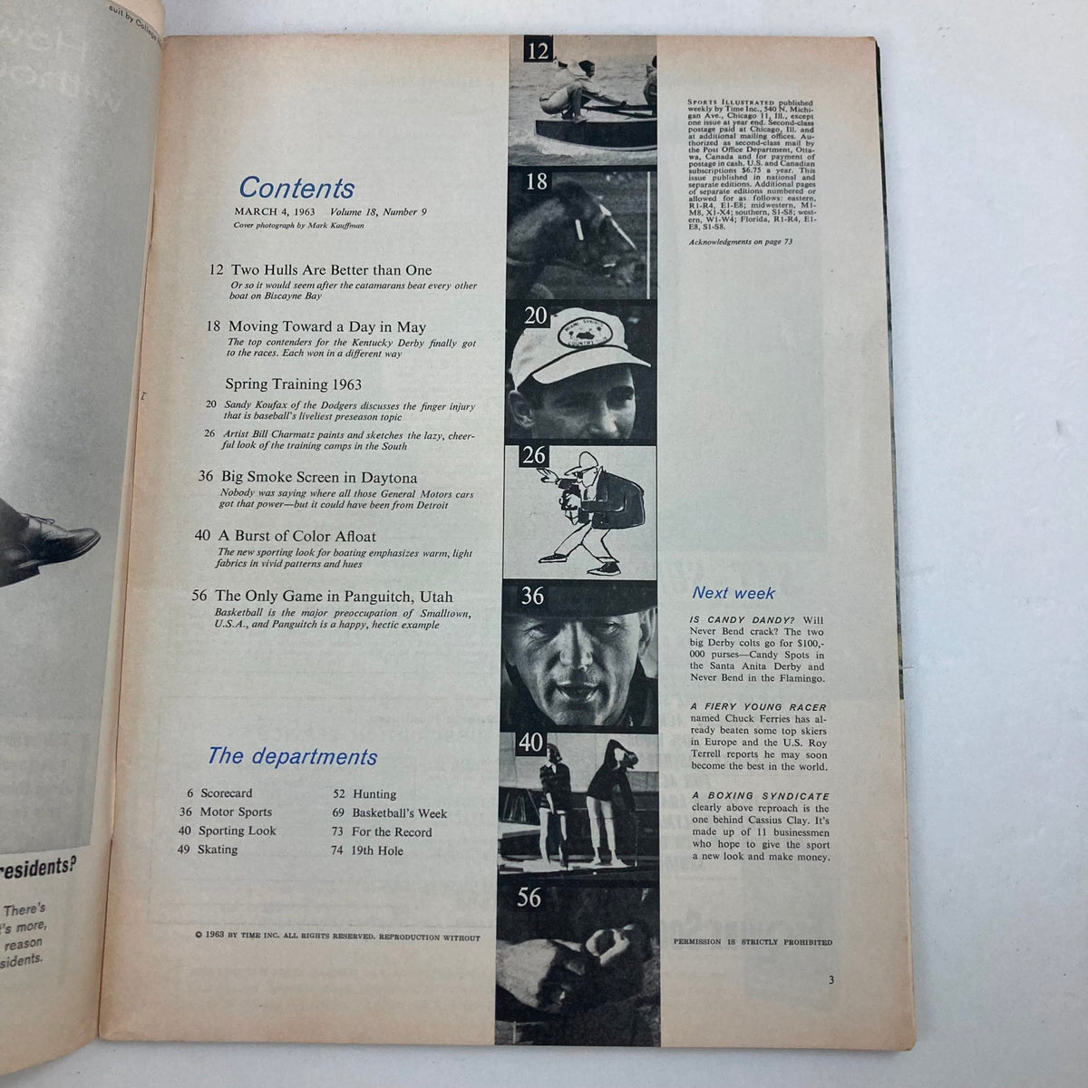 Contents page of Sports Illustrated Magazine March 4, 1963, Vol 18 No. 9 highlighting articles including Spring Training, featuring Sandy Koufax and various sports topics.