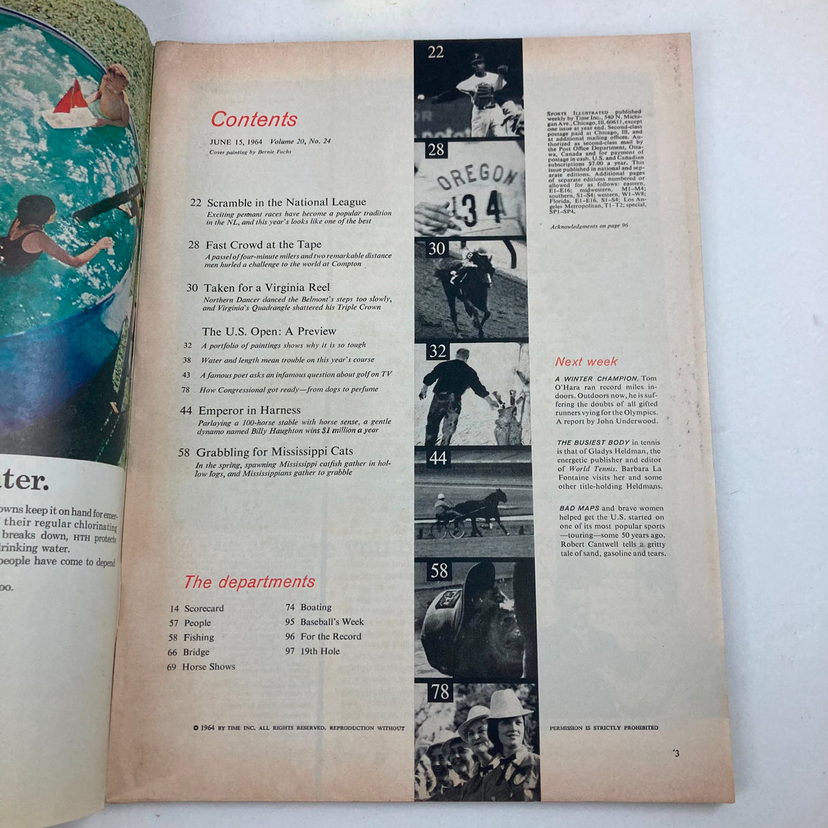 Contents page of the Vintage Sports Illustrated Magazine June 15, 1964, highlighting articles including The U.S. Open: A Preview and other sporting events.
