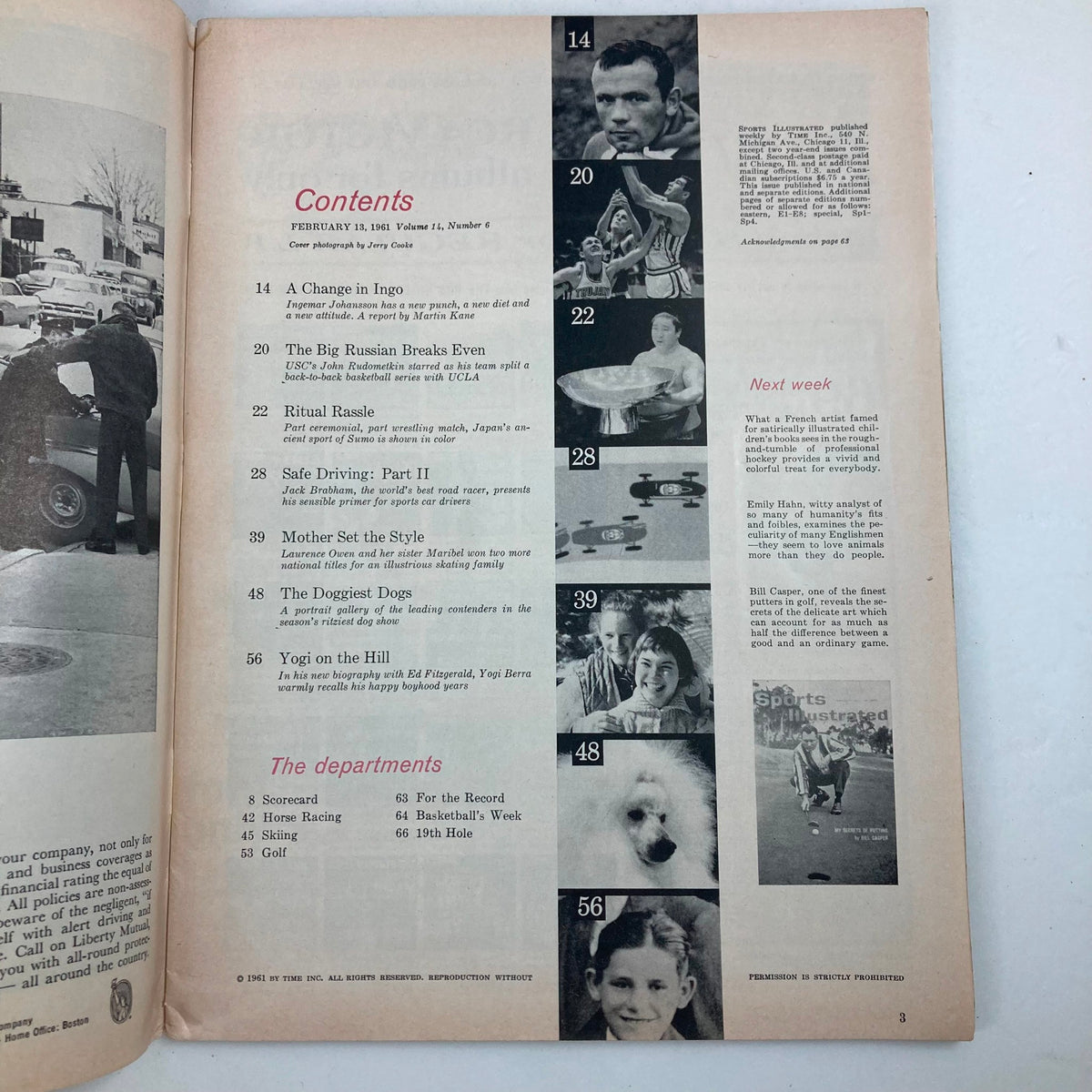 Interior page of Sports Illustrated Magazine February 13, 1961, Vol 14 No. 6 featuring the table of contents and sections including sports articles and features.