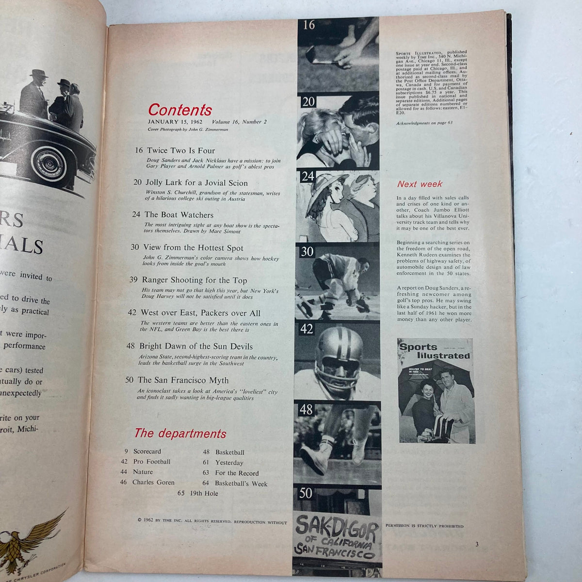Contents page of VTG Sports Illustrated Magazine January 15, 1962, Volume 16, No. 2. The page features article titles such as 'Twice Two is Four' and 'Jolly Lark for a Jovial Scion,' alongside listings of notable events and sports figures from the era.