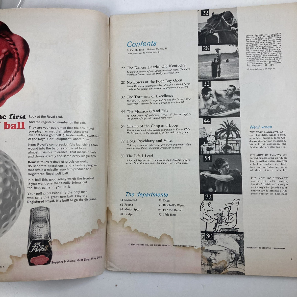 Interior page of the Sports Illustrated magazine from May 11, 1964, showing the contents list of Volume 20, Number 19, including articles on various sports topics and profiles.