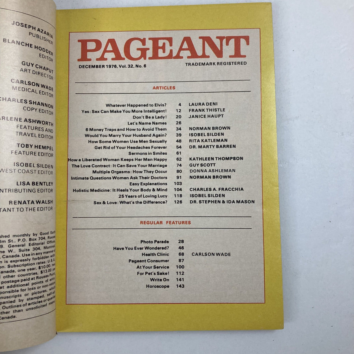 Inside page of VTG Pageant Magazine December 1976 Vol 32 No. 6 listing articles, including features on societal topics and pop culture.