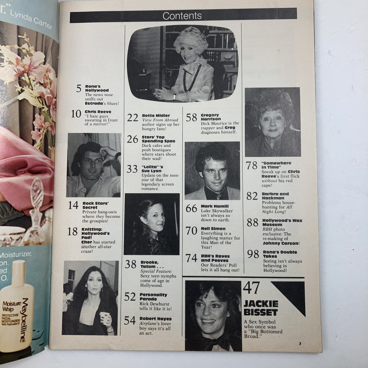 Contents page of the November 1980 Rona Barrett's Hollywood Magazine featuring articles and features on celebrities and pop culture. This page showcases key topics and stars of the time.