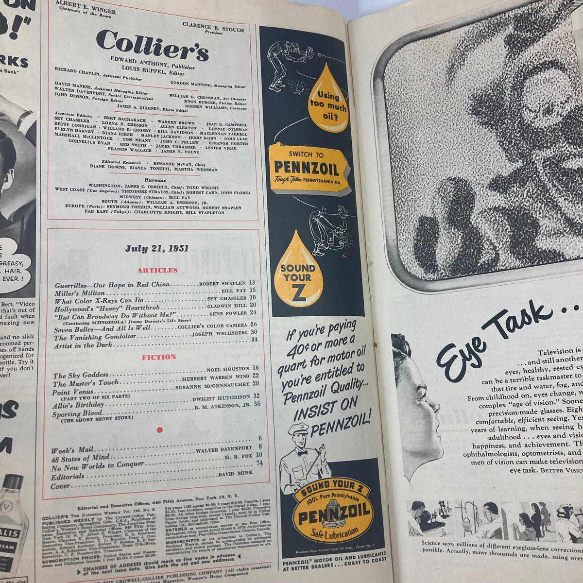 Inside page of the VTG Collier's Magazine from July 21, 1951, displaying the table of contents and article titles including 'Guerrillas - Our Hope in Red China'.