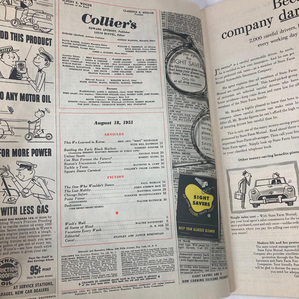 Inside pages of VTG Collier's Magazine August 18 1951 Vol 128 No. 7 showcasing the table of contents with articles and fiction listed, reflecting the publishing style of the era.