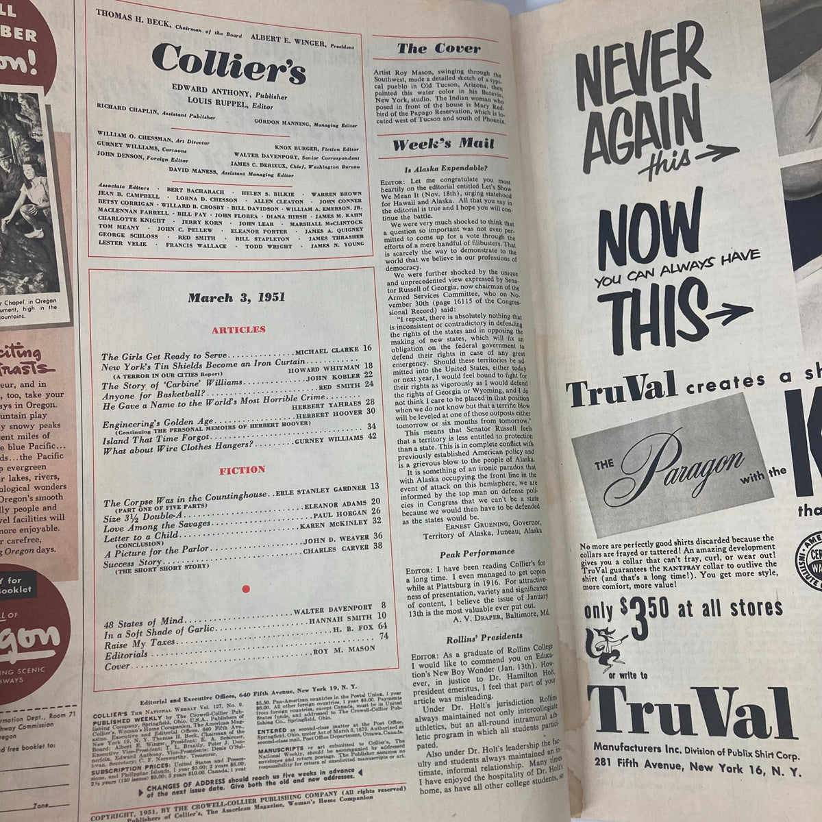 Inside page of VTG Collier's Magazine March 3 1951, featuring articles and ads reflective of its era, including the editorial section and content listing.