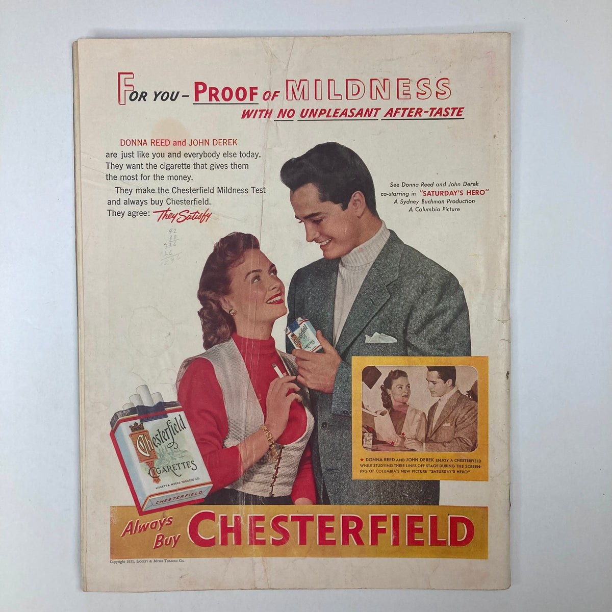 Cover page of VTG Collier's Magazine March 3 1951, showcasing an advertisement for Chesterfield cigarettes featuring Donna Reed and John Derek.