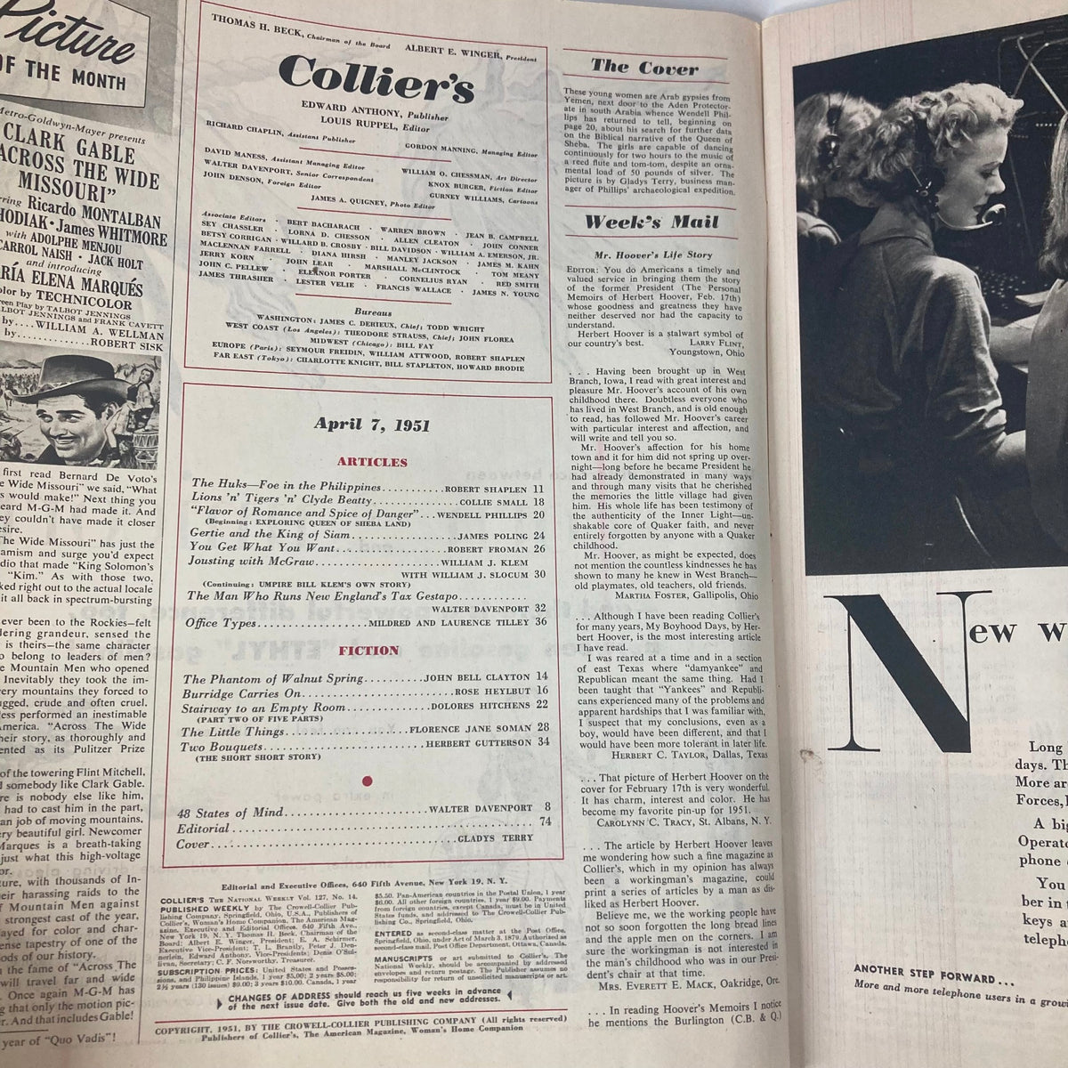 Interior page of Collier's Magazine dated April 7, 1951, displaying the table of contents and articles including 'The Huks-Foe in the Philippines'.