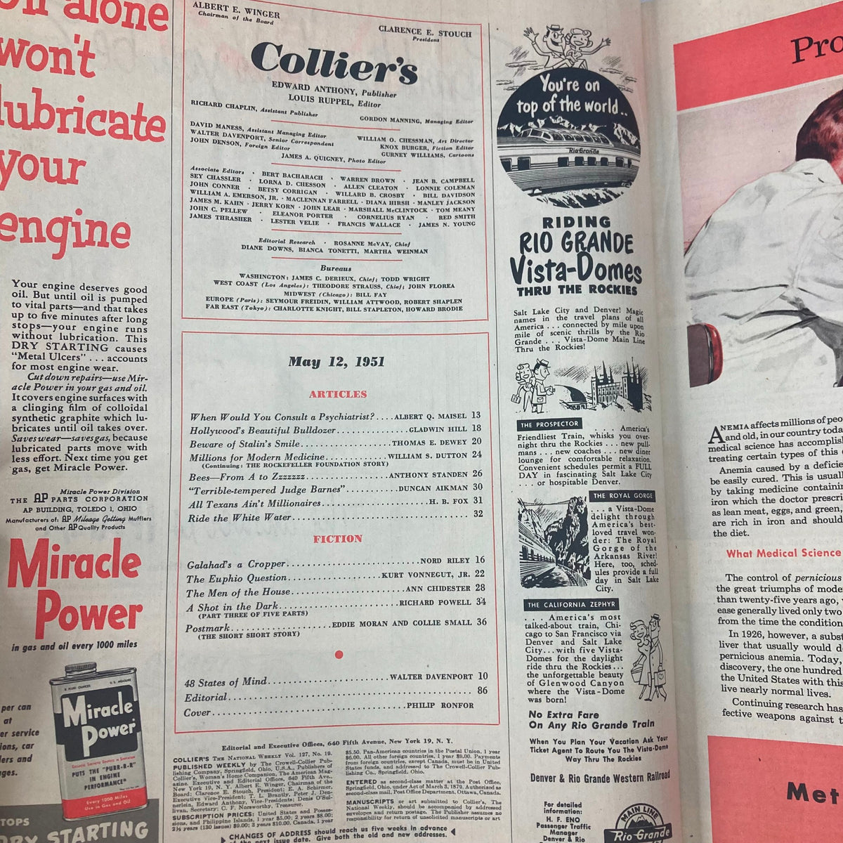 Interior page of VTG Collier's Magazine May 12, 1951, Vol 127 No. 19 featuring article listings and advertisements.