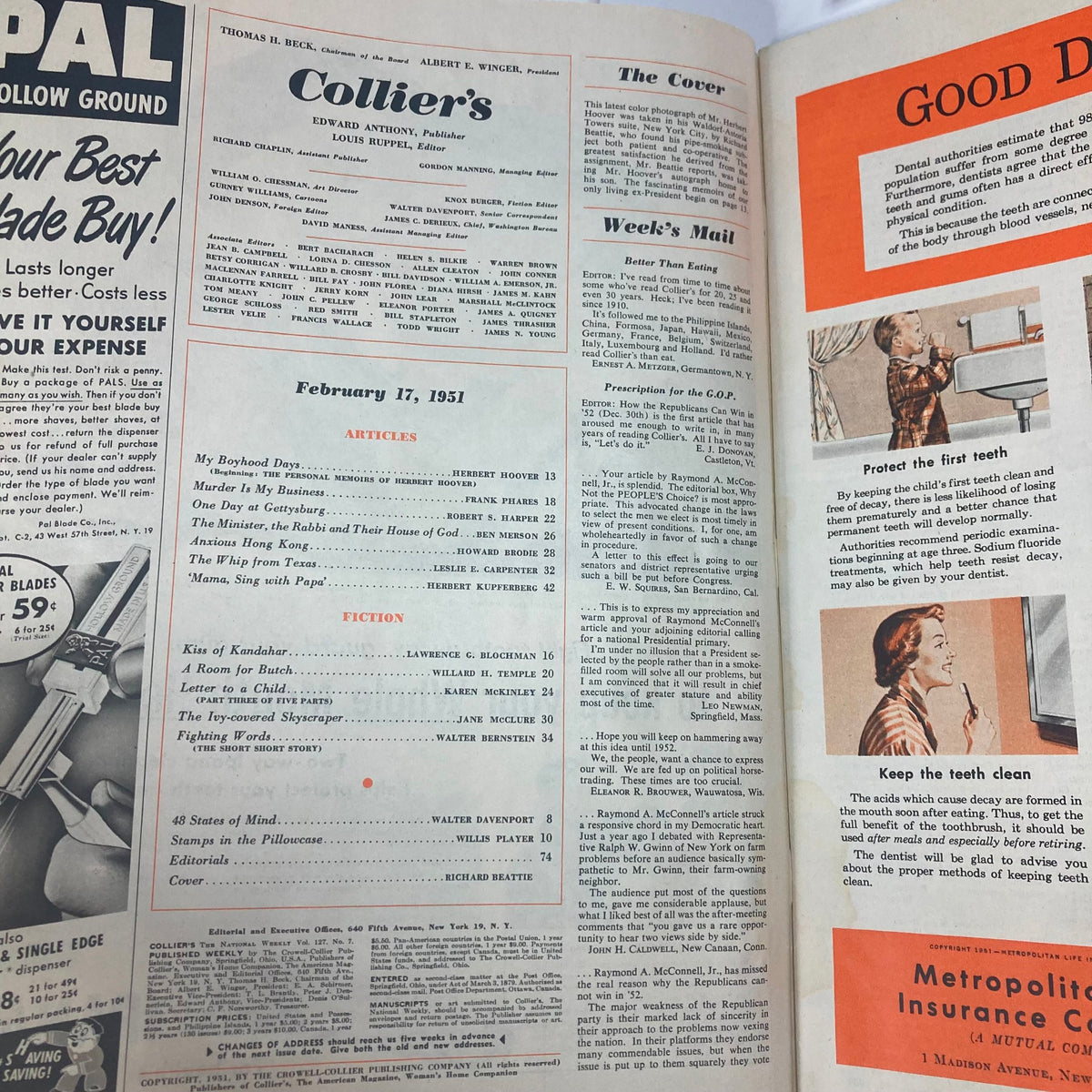 Interior page of VTG Collier's Magazine February 17 1951 showing the table of contents, including the story 'Kiss of Kandahar'.