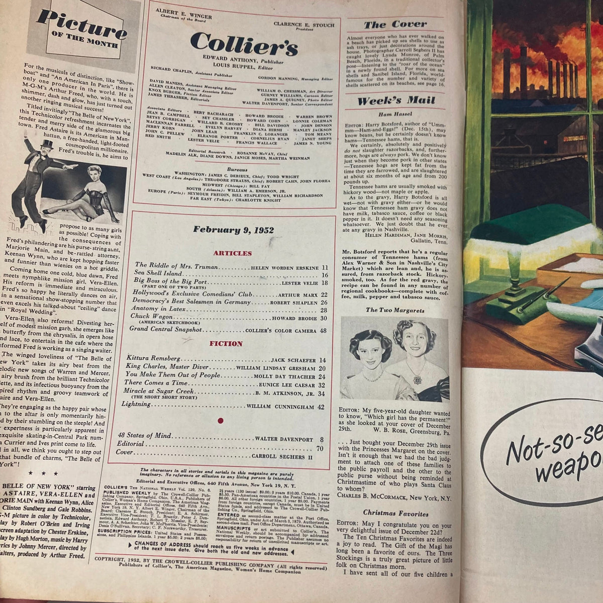 Inside page of VTG Collier's Magazine February 9, 1952 featuring articles and fiction titles including 'The Riddle of Mrs. Truman,' appropriate for collectors and vintage media enthusiasts.