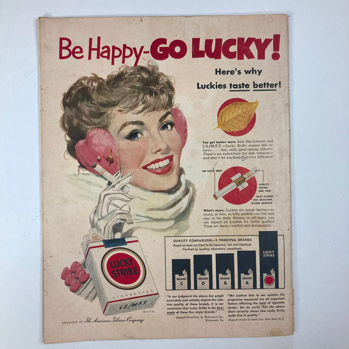 Vintage advertisement from the February 9, 1952 edition of VTG Collier's Magazine, promoting Lucky Strike cigarettes with a stylish model, highlighting the brand's slogan and features.