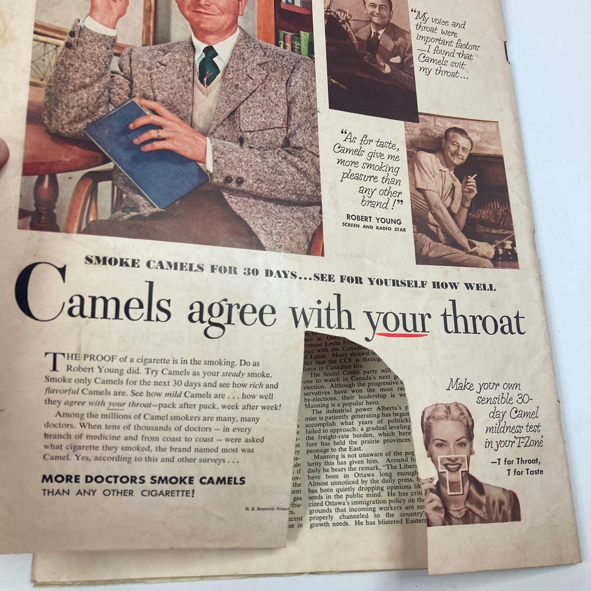 Vintage advertisement for Camels cigarettes in Collier's Magazine August 9 1952, featuring actor Robert Young promoting smoking benefits with the tagline 'Camels agree with your throat'.