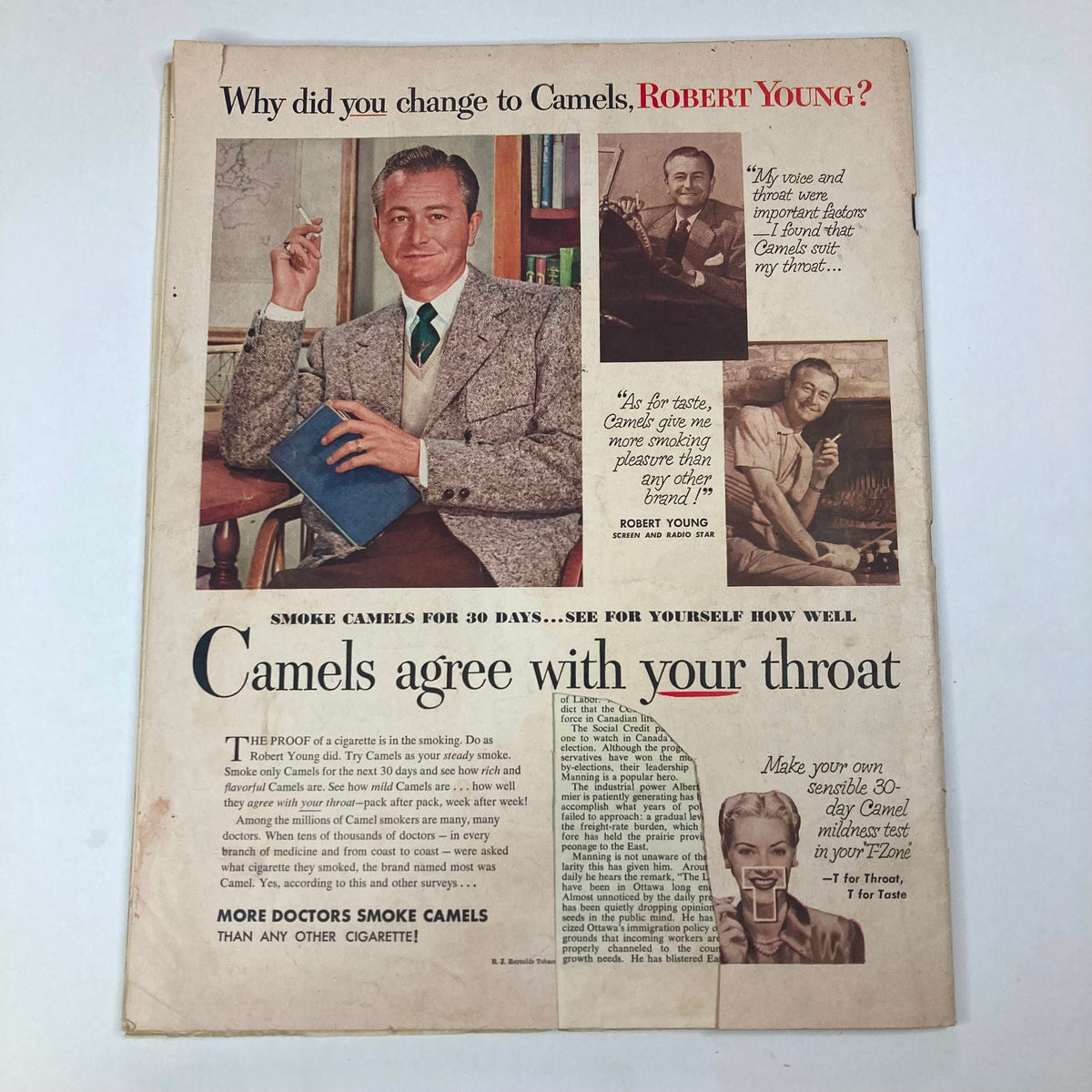 Another view of the vintage Camels cigarette advertisement in Collier's Magazine August 9 1952, showcasing Robert Young and the message urging readers to smoke Camels for 30 days.