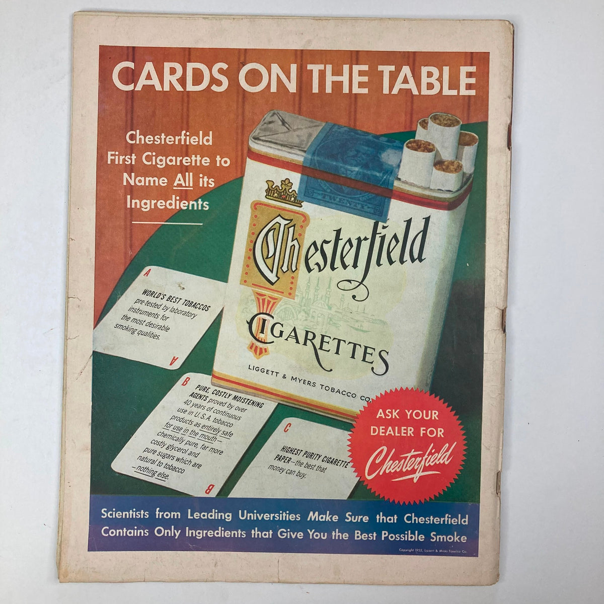 Advertisement from VTG Collier's Magazine June 7 1952 for Chesterfield Cigarettes, showcasing the brand's commitment to quality and ingredients.