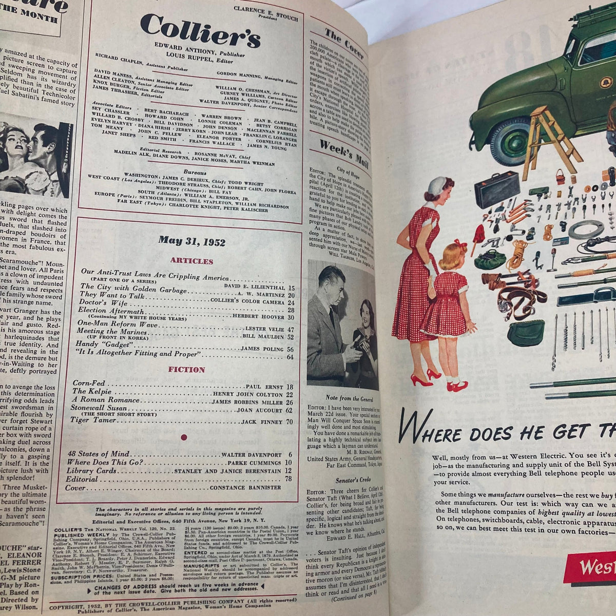 Interior page of VTG Collier's Magazine May 31 1952 detailing articles and illustrations, showcasing vintage typography and design elements.