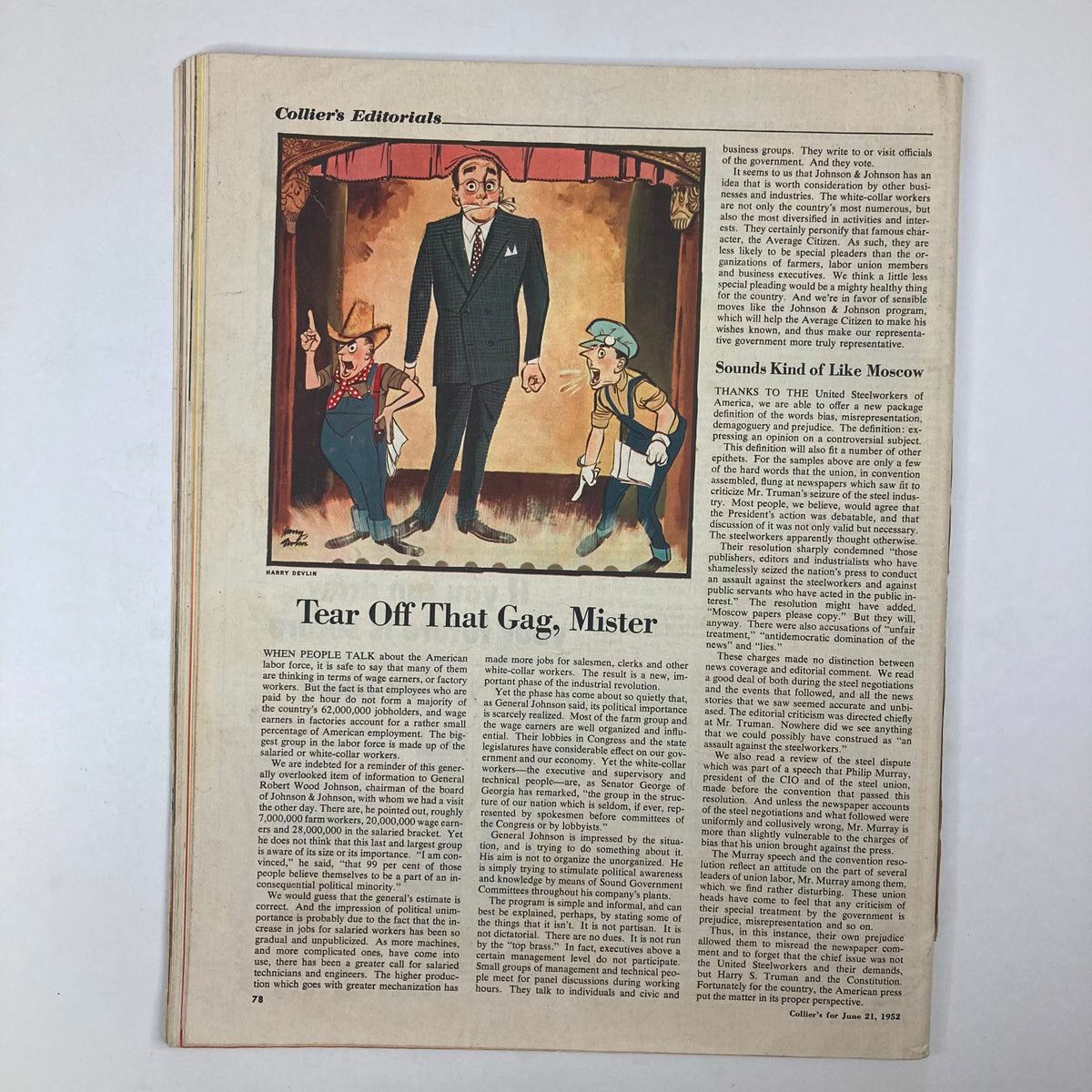 Illustrated editorial section of VTG Collier's Magazine June 21, 1952, highlighting commentary on American labor and government, including the title 'Tear Off That Gag, Mister'.