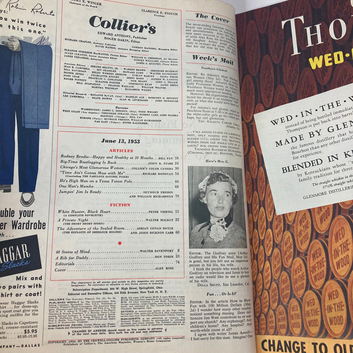Inside page of VTG Collier's Magazine June 13 1953, revealing the table of contents with featured articles, including the story of Rodney Brodie.