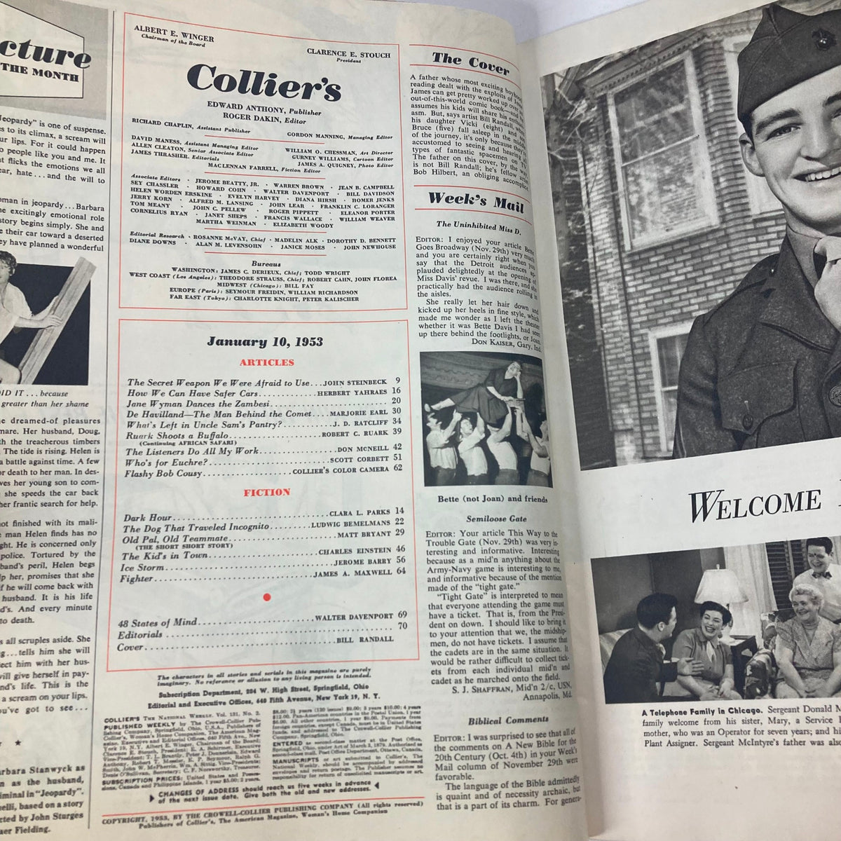 Interior view of VTG Collier's Magazine January 10, 1953 Vol 131 No. 2 featuring table of contents and articles including 'Ruark Shoots a Buffalo'. Historical mid-20th century journalism.