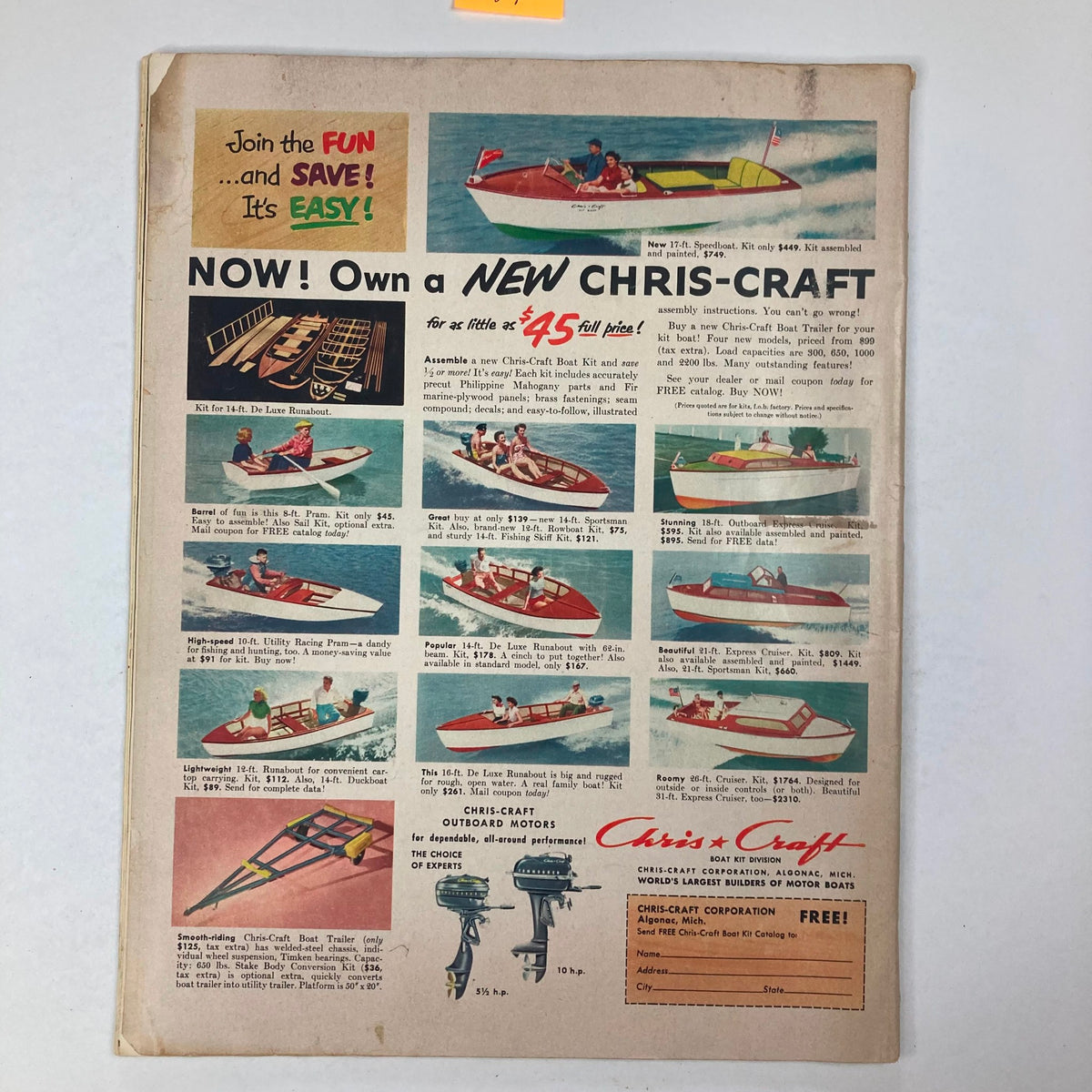 Back cover advertisement of VTG Collier's Magazine January 10, 1953 showcasing new Chris-Craft boats, emphasizing ease of assembly and affordability for boating enthusiasts.
