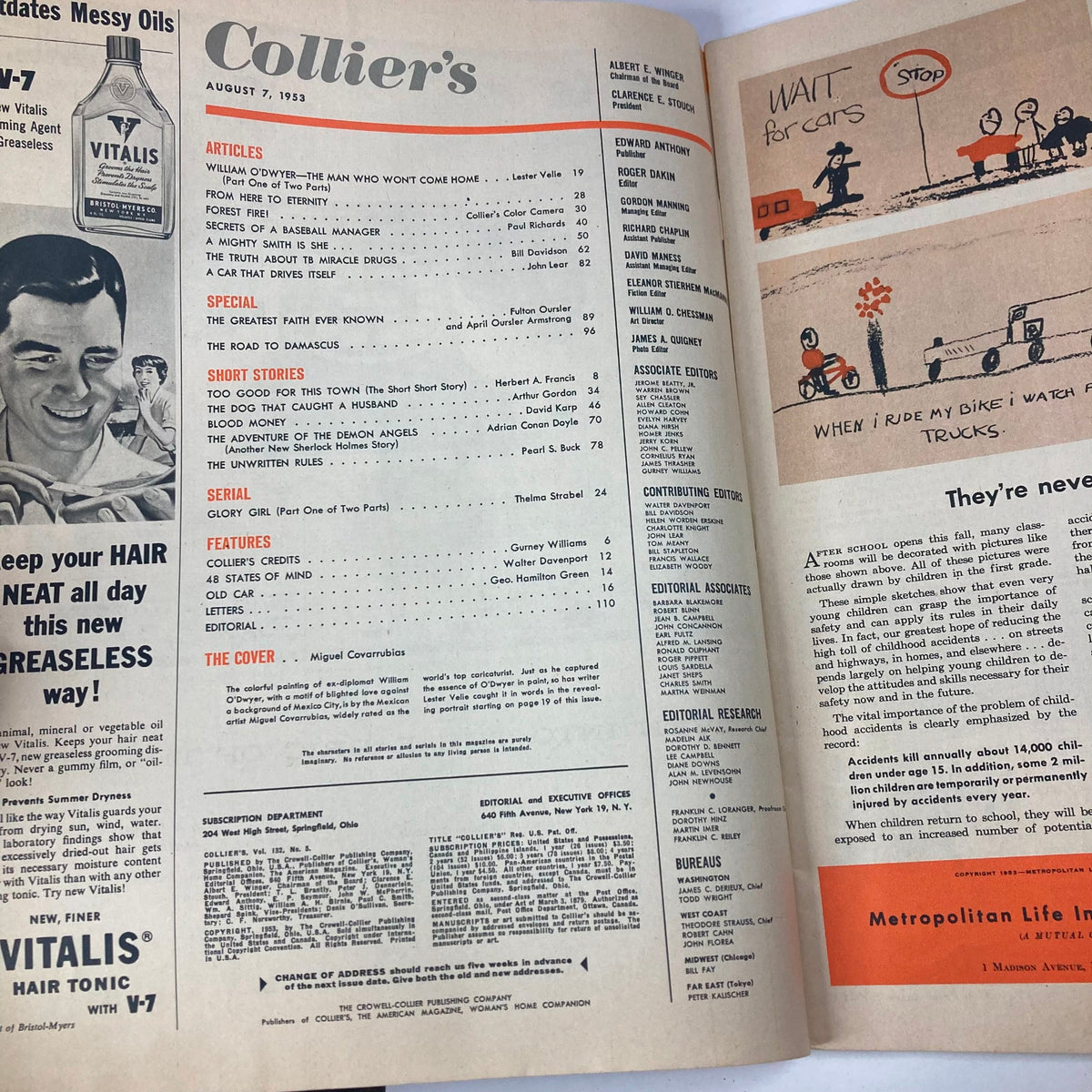 Inside page from VTG Collier's Magazine August 7 1953, featuring a table of contents and articles including 'WILLIAM O'DWYER—THE MAN WHO WON'T COME HOME.'